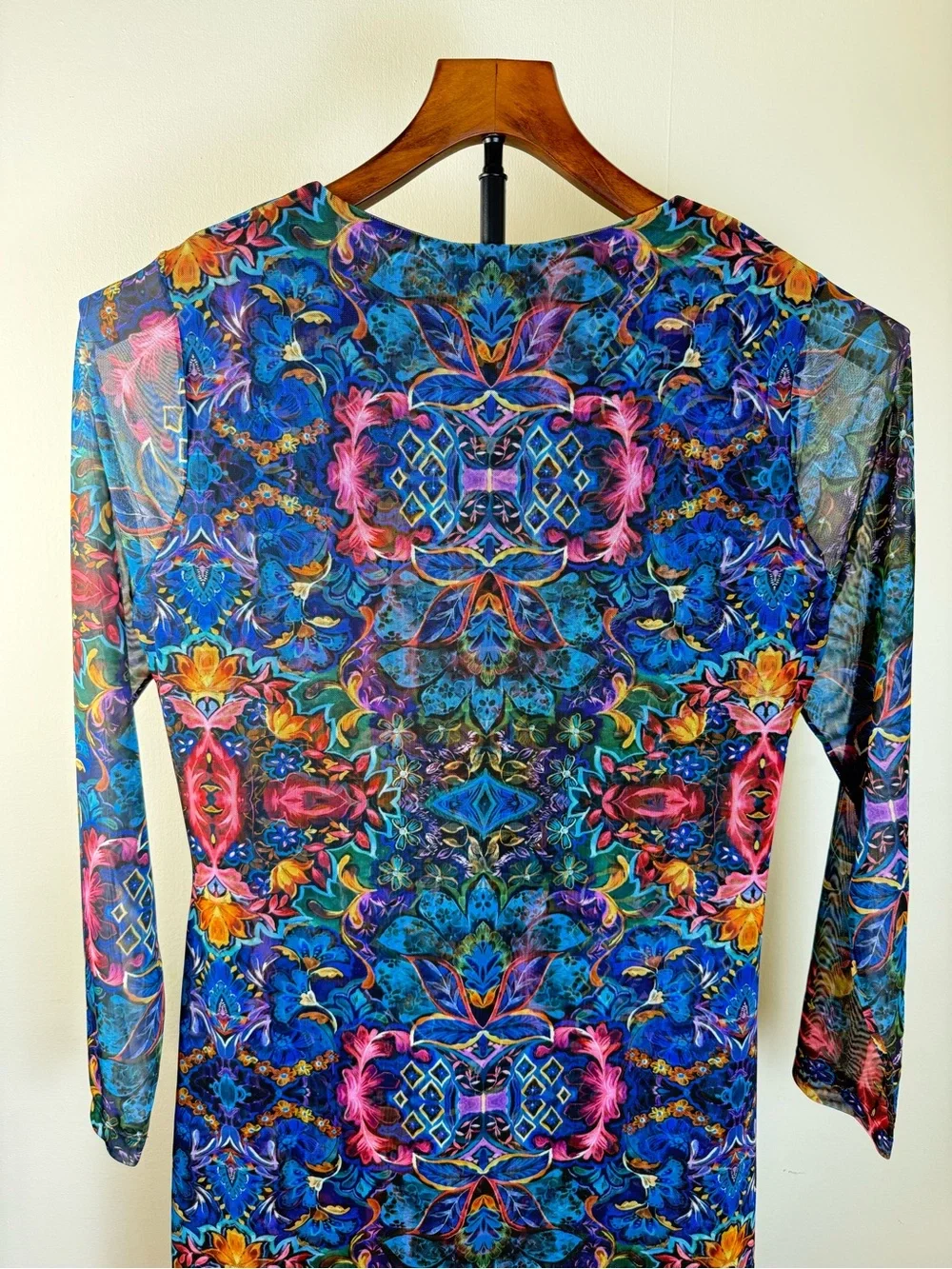 JOHNNY WAS JADE TULUS MESH MIDI DRESS Blue Ottalie Bold Kaleidoscope Lined XL XS
